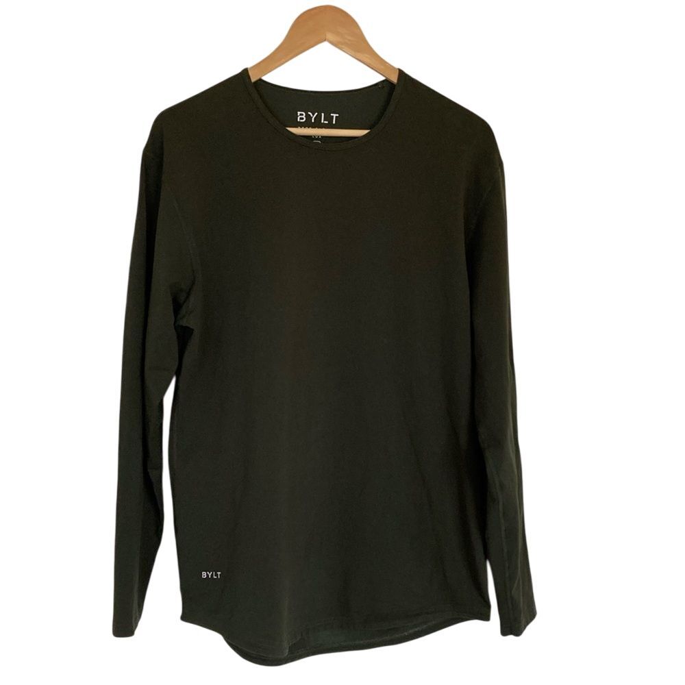 BYLT Men Drop Cut Long Sleeve Pullover Shirt L Green‎ Curved Hem Lux Athletic